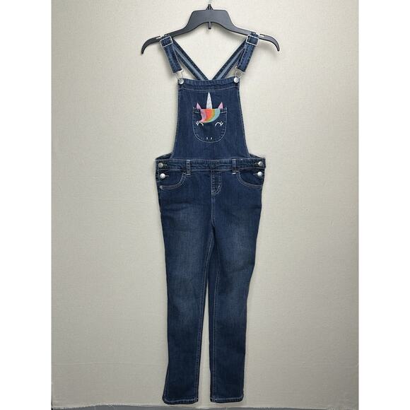 Cat & Jack Girls Distressed Blue Stretch Denim Bib Overalls Large 10-12 Unicorn - Picture 2 of 16